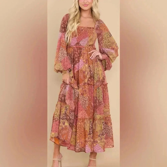 AURA maxi dress patchwork boho rust long sleeves smocked paisley stretchy - Picture 7 of 7